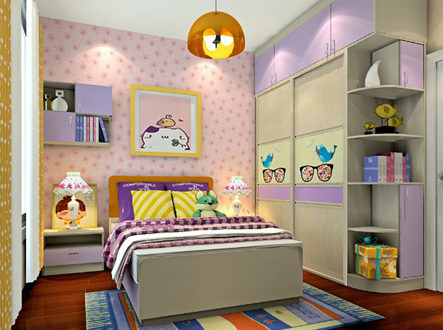 粉紫色儿童房效果图 9平吊柜书柜组合